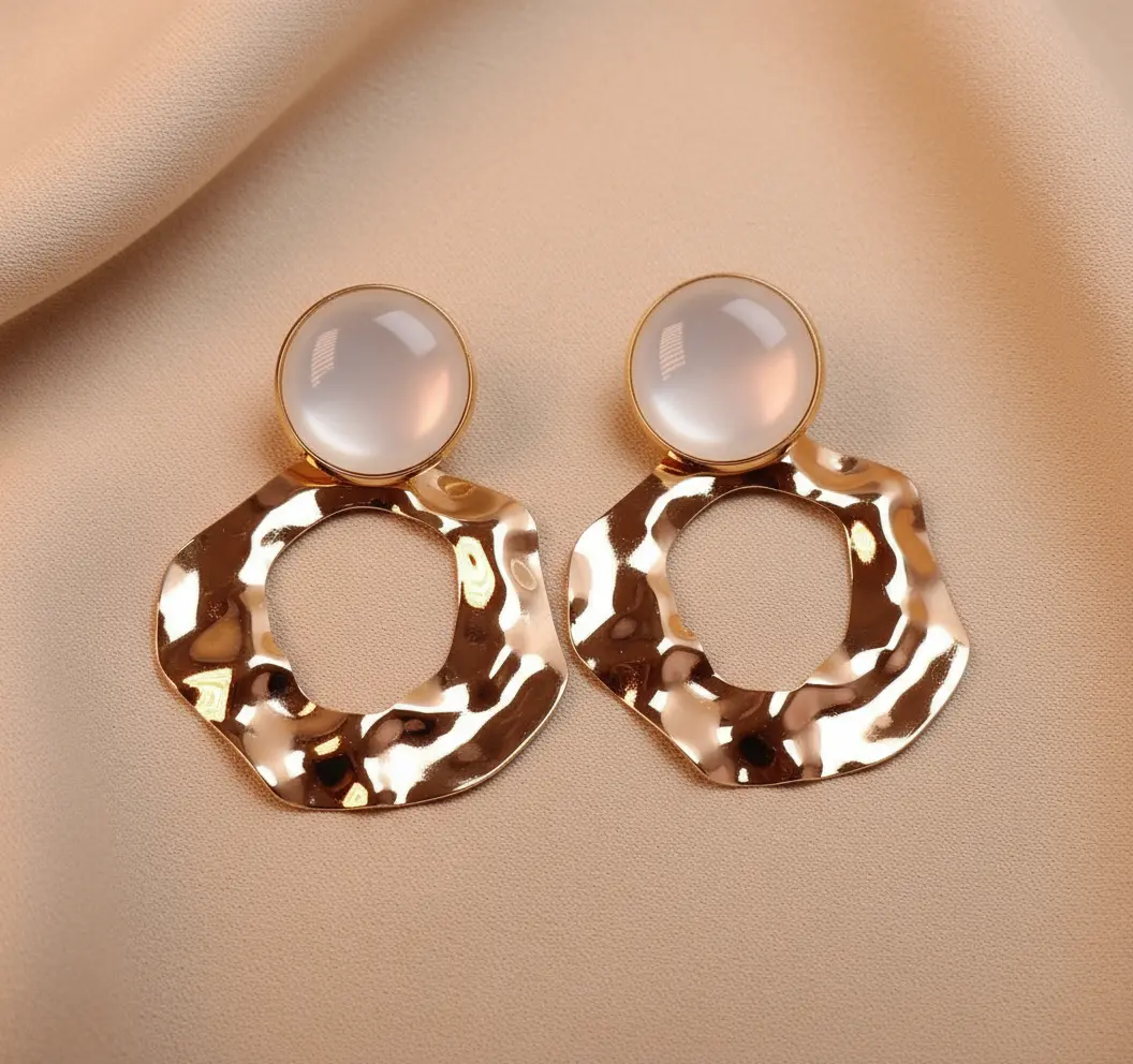 Molten Gold Hammered Hoop Earrings with Moonstone Studs – Geometric Organic Drop Earrings